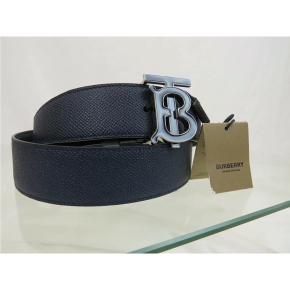 NWT BURBERRY TB 35MM ENAMEL BUCKLE LEATHER BELT IN COLOR NAVY 30/75 - Picture 2 of 4